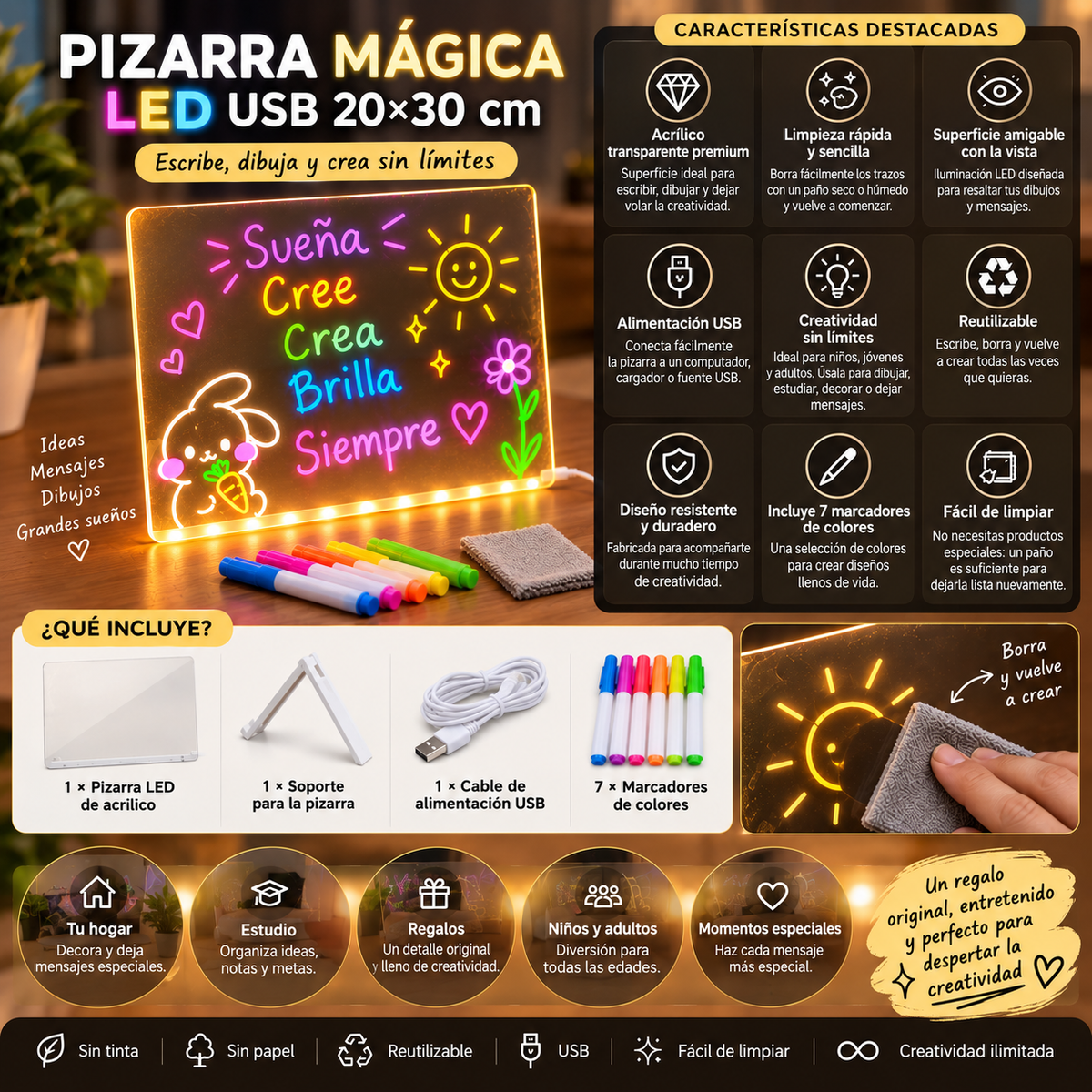 LumiDraw™ — Pizarra Mágica LED USB 20×30 cm